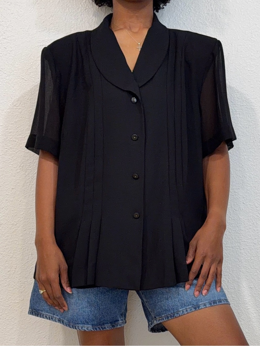Danny & Nicole Black Pleated Button-Front Women’s Top